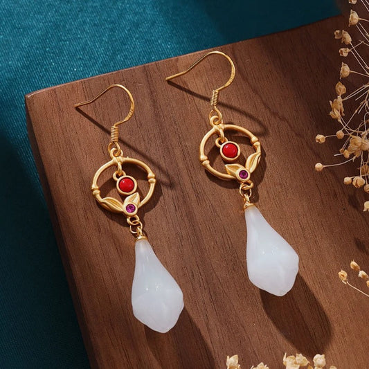 Vintage Gold Circle Red Teardrop Charm Earrings