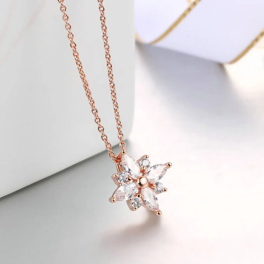 Vintage Rose Gold Floral Crystal Pendant Necklace