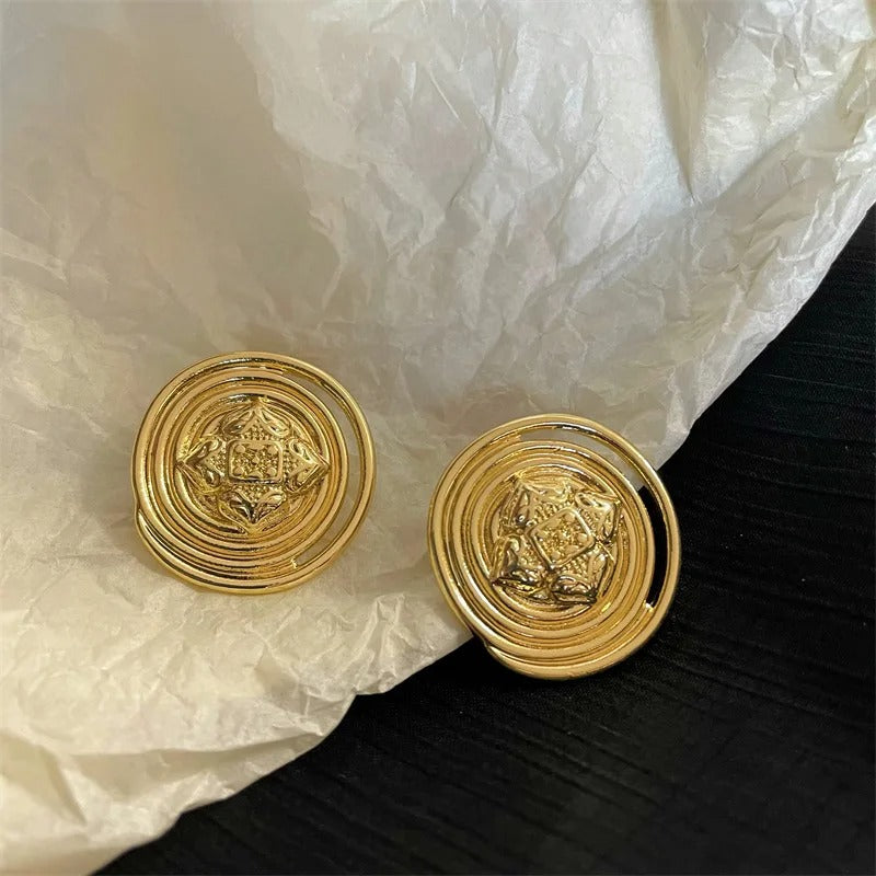 Gold Spiral Circular Stud Vintage Earrings