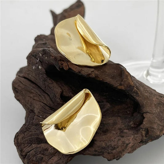 Classic Gold Wavy Folded Ruffle Stud Earrings