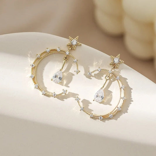 Vintage Gold Crystal Crescent & Star Earrings