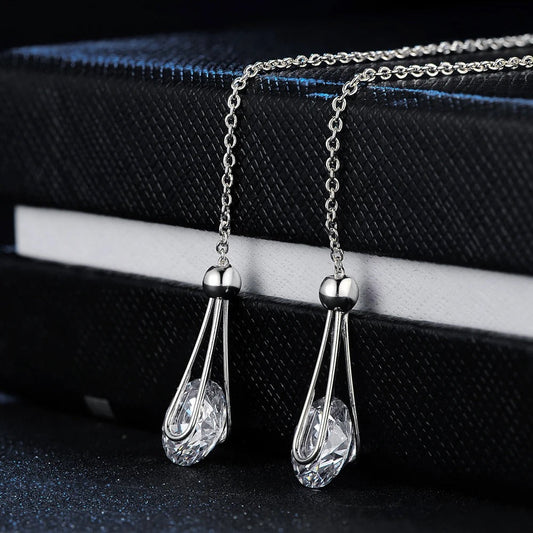 Classic Silver Chain Sparkling Crystal Teardrop Earrings