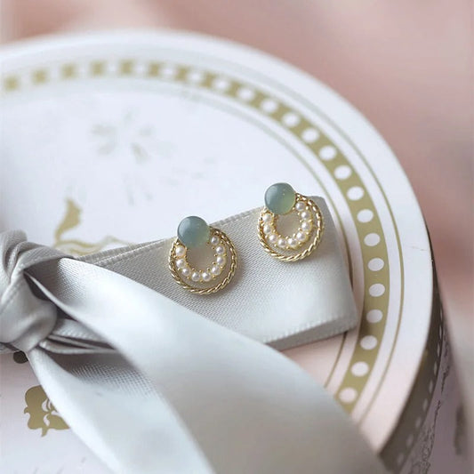 Vintage Gold Green Stone Pearl Earrings