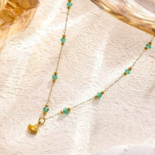 Gold Green Crystal & Sea Shell Charm Necklace