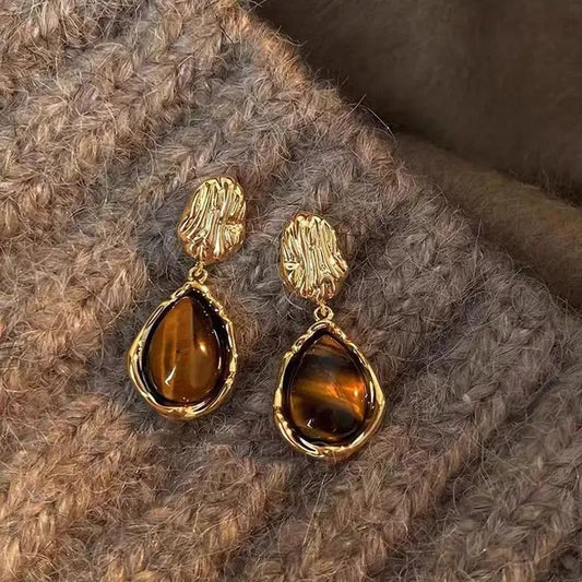 Vintage Gold Amber Brown Dangle Earrings