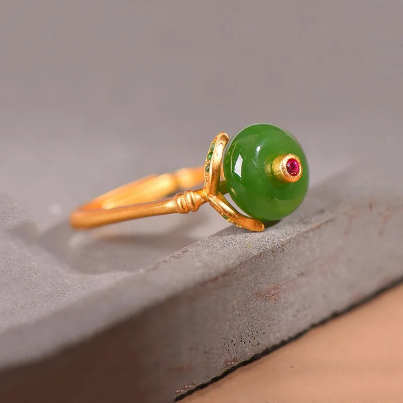 Vintage Gold Green Gemstone & Unique Square Adjustable Ring