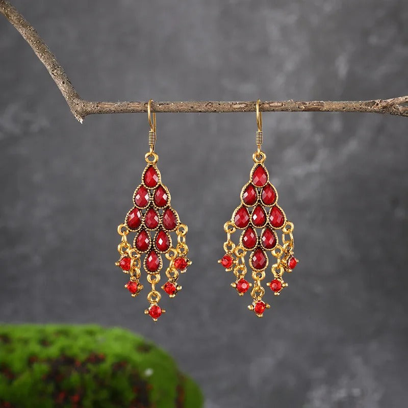 Gold Vintage Red Crystal Dangle Earrings