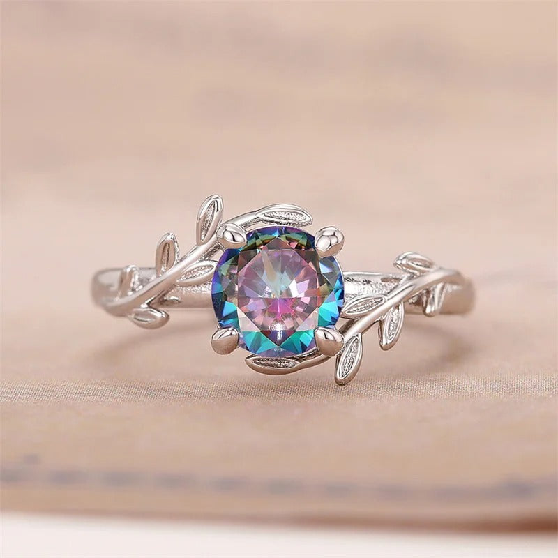 Silver Leaf-Inspired Colorful Gemstone Ring