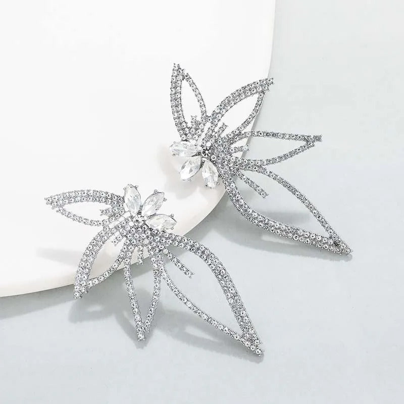 Silver Sparkling Rhinestone Crystal Butterfly Earrings