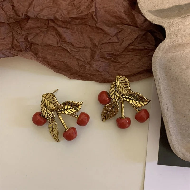 Classic Gold Red Cherry Stud Earrings