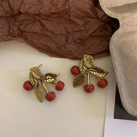 Classic Gold Red Cherry Stud Earrings