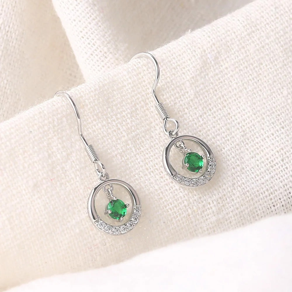 Vintage Silver Green Gem & Sparkling Circle Earrings