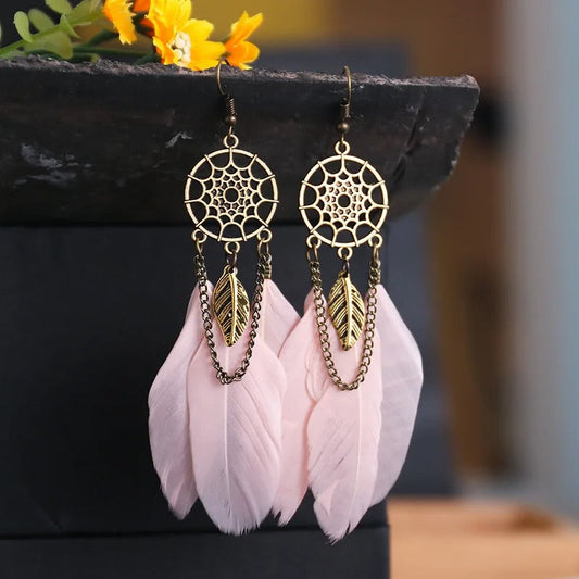 Vintage Gold Dreamcatcher & Pink Feather Earrings