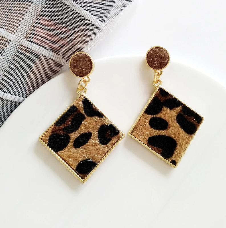 Gold & Leopard Print Stylish Square Drop Earrings