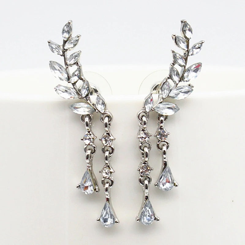 Silver Leaf Design Crystal Drop Earrings