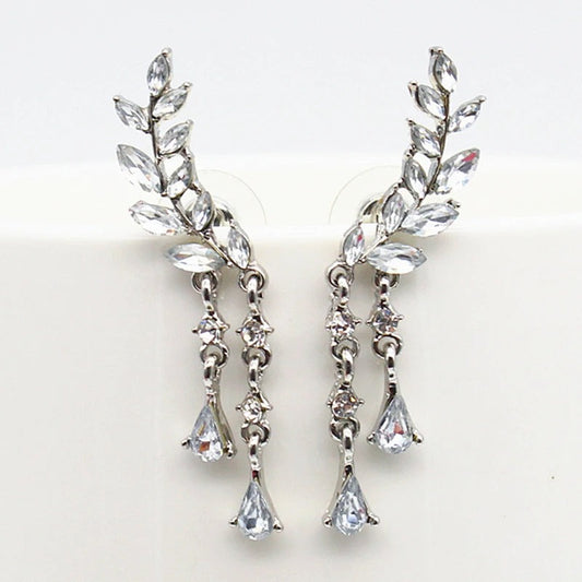 Silver Leaf Design Crystal Drop Earrings