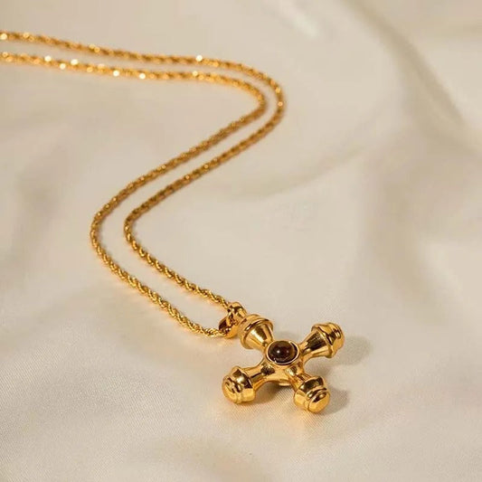 Vintage Gold Cross Pendant & Vibrant Gem Necklace