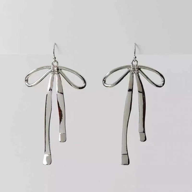 Silver Bow-Detail Long Dangle Drop Earrings