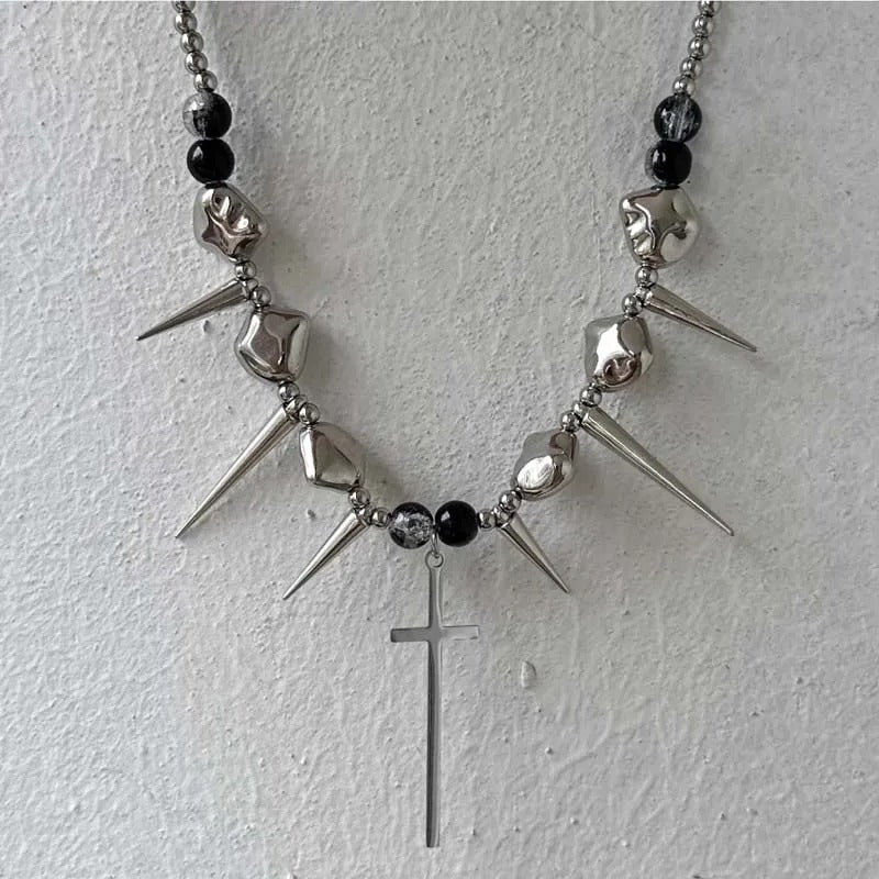 Vintage Silver Spiked Cross Pendant Necklace