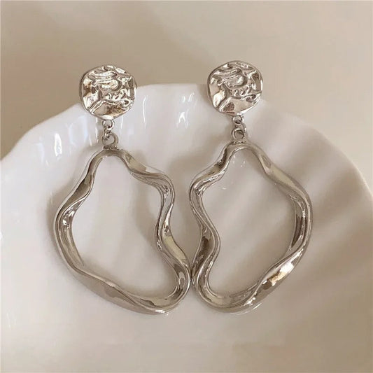Silver Contemporary Wave Circle Drop Earrings