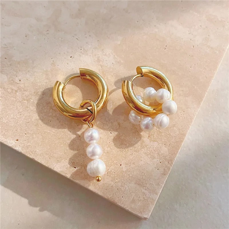 Gold Asymmetric Natural Freshwater Pearl Hanging Earrings