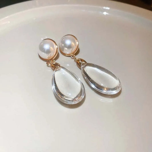 Classic Gold Pearl Big Crystal Pendant Earrings