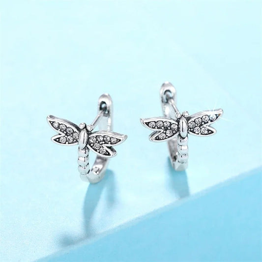 Silver Sparkling Dragonfly Earrings
