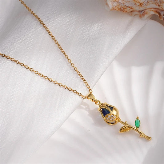 Vintage Gold Rose & Blue Gemstone Necklace