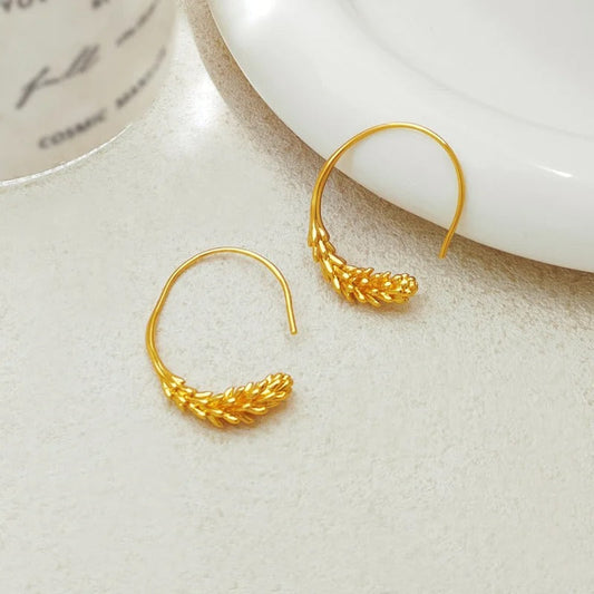 Gold Wheat Leaf Hoop Earrings