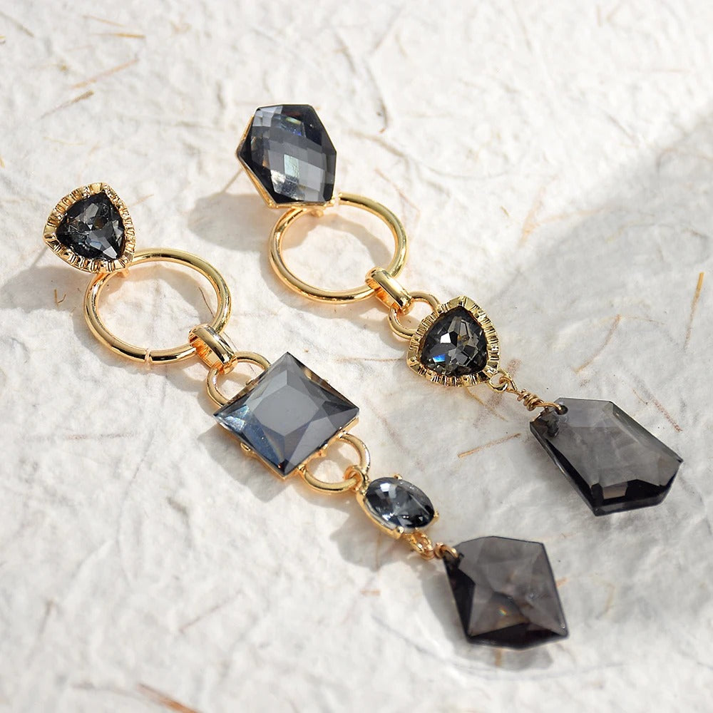 Vintage Black Crystal Gold Drop Earrings