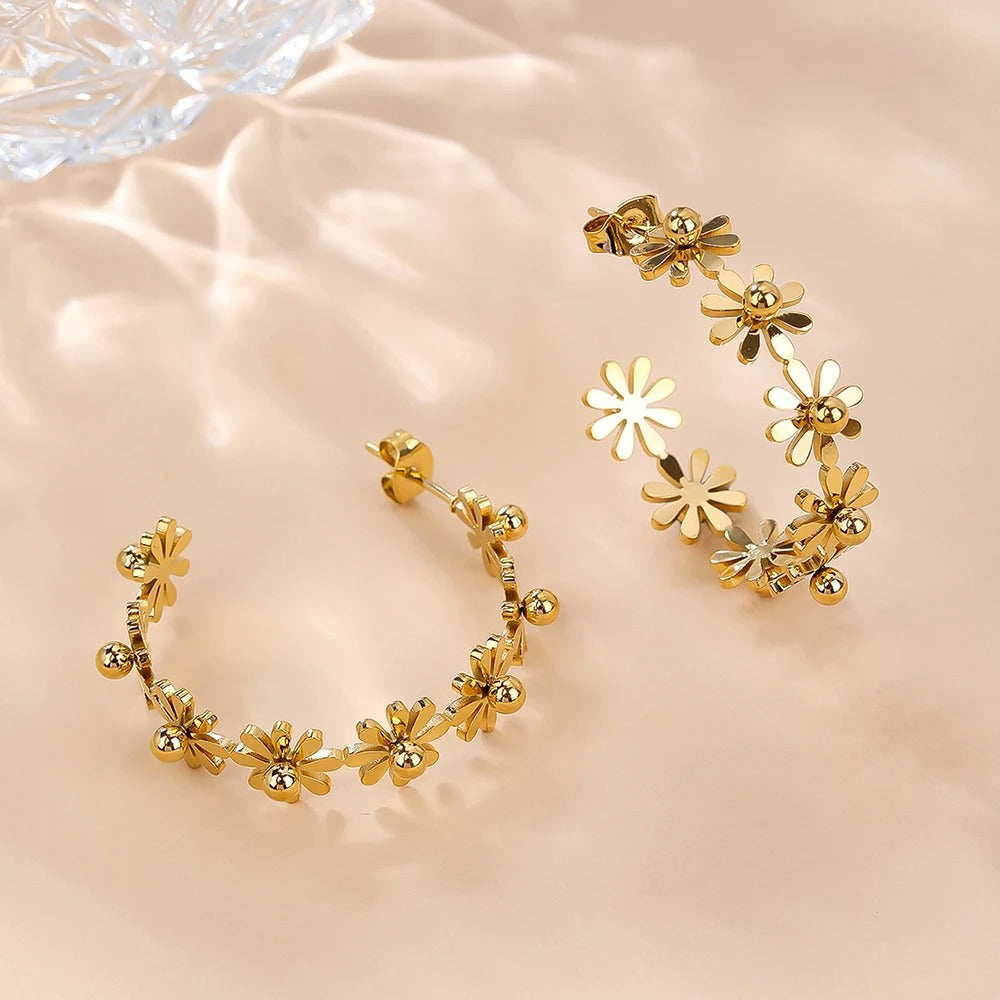 Gold Flower Boho Glam Hoop Earrings