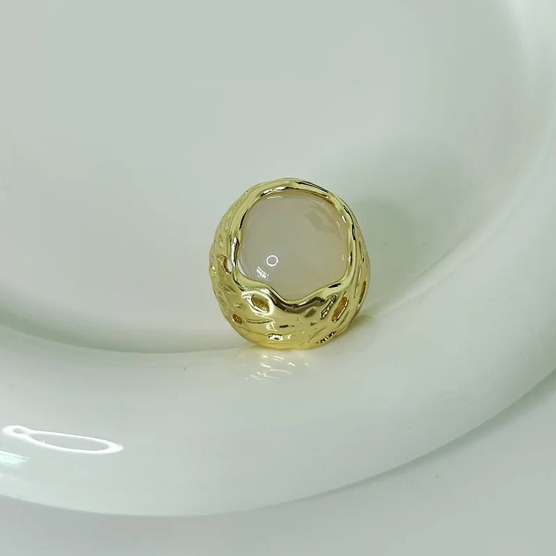 Gold & Soft Beige Stone Textured Band Adjustable Ring