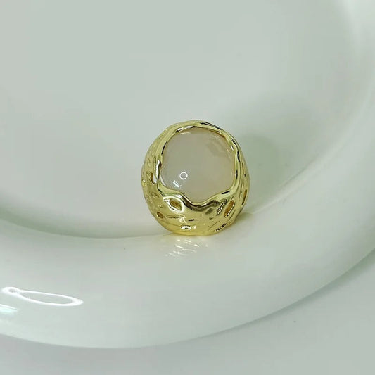 Gold & Soft Beige Stone Textured Band Adjustable Ring