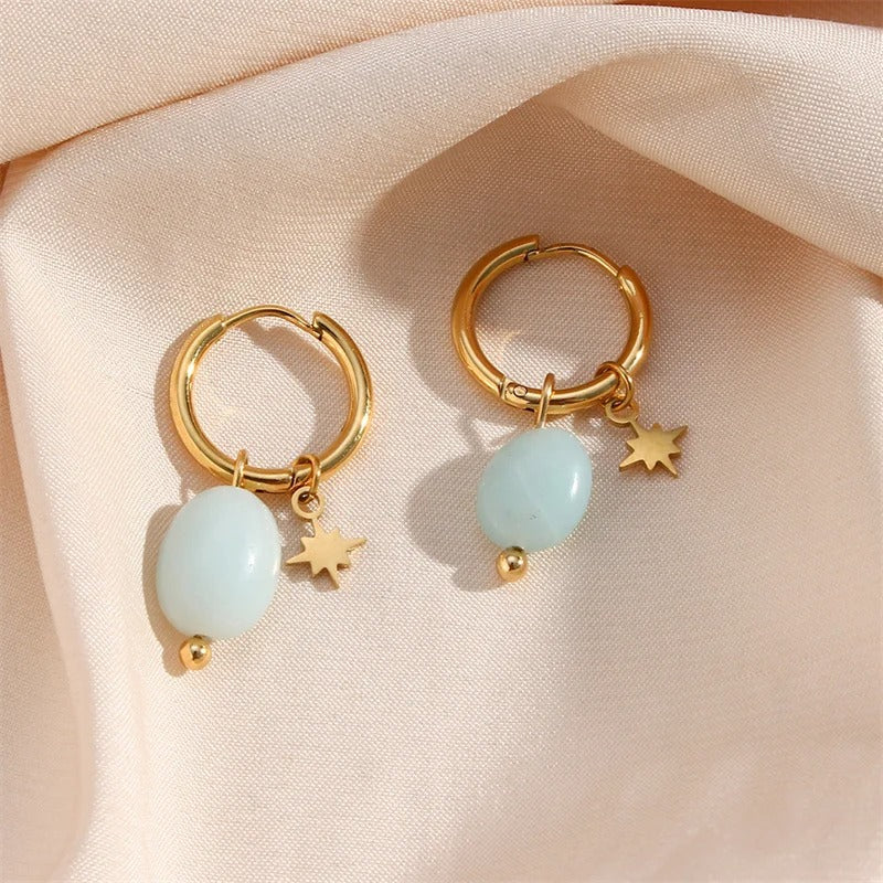 Vintage Aqua Bead & Star Gold Hoop Earrings