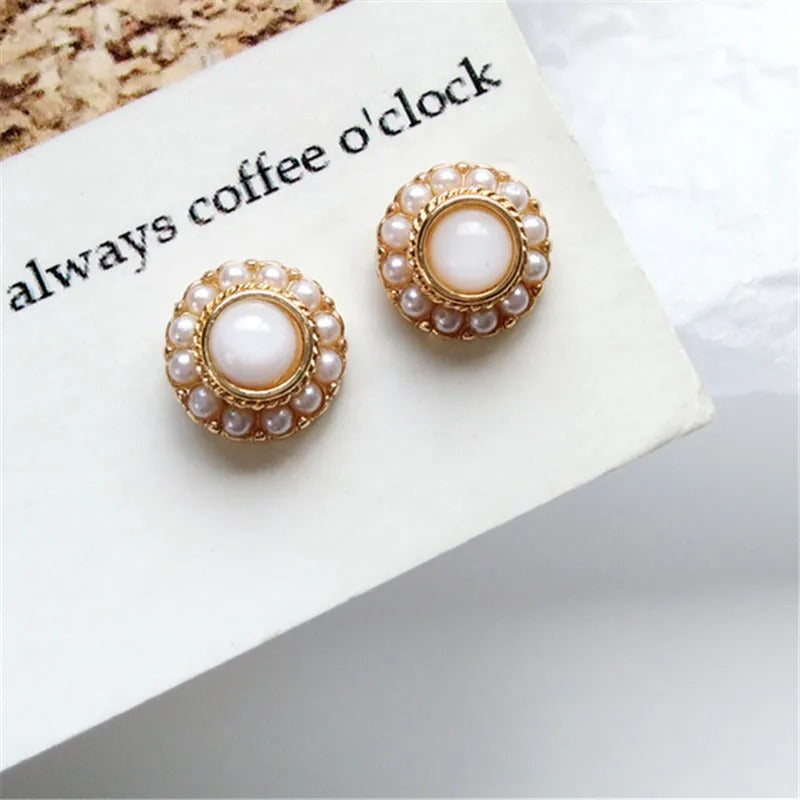 Classic Pearl Gold Frame Stud Earrings