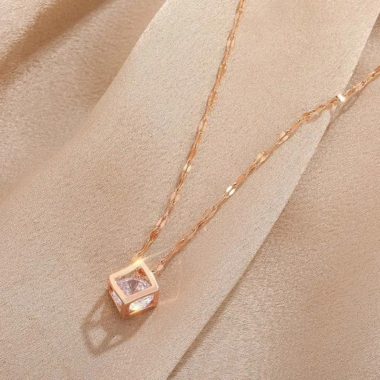 Vintage Rose Gold Crystal-Studded Square Pendant Necklace