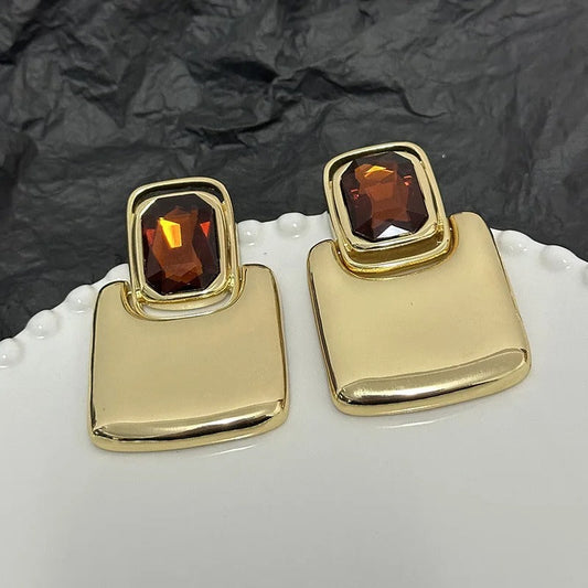 Gold Brown Gemstone Square Crystal Stud Earrings