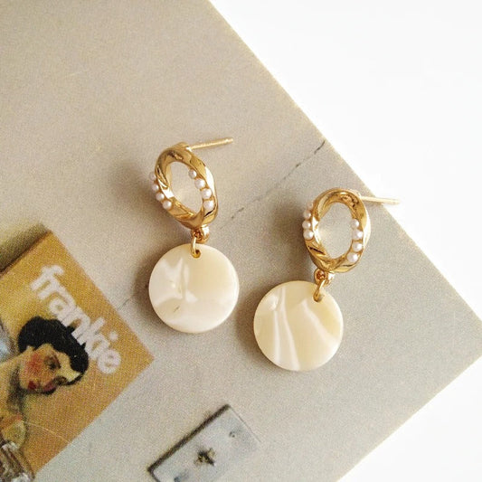 Gold & White Round Pearl Drop Earrings