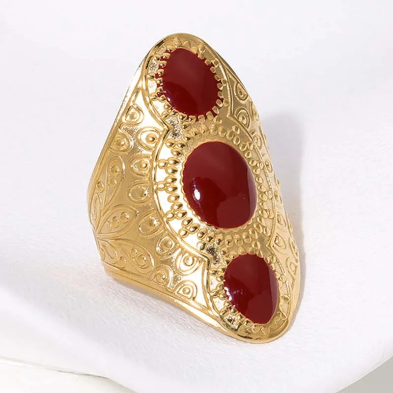 Vintage Gold & Red Tri-Stone Adjustable Ring