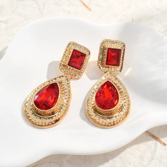 Gold Vintage Red Gemstone Dangle Earrings