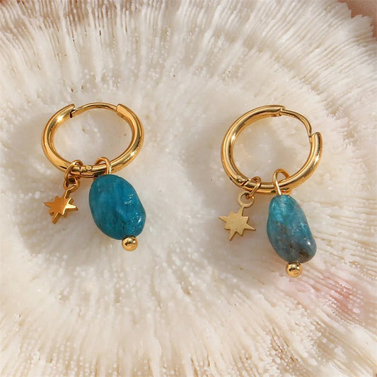 Classic Gold Turquoise Charm & Star Pendant Hoop Earrings