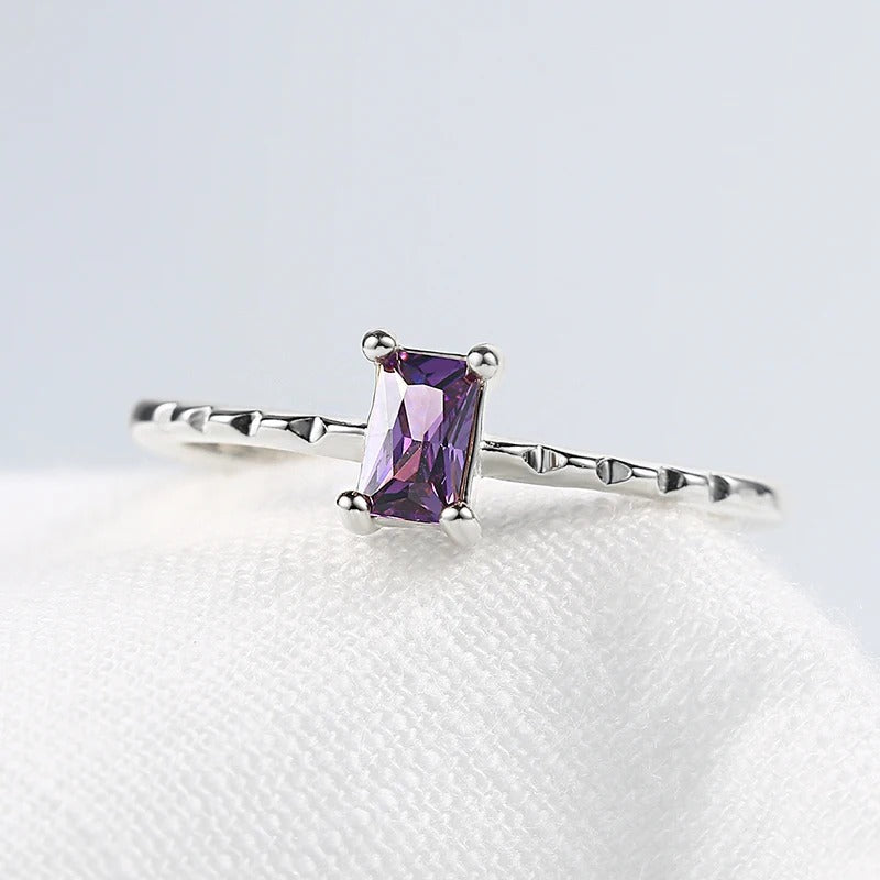 Silver Rectangular Purple Gem & Unique Textured Band Ring