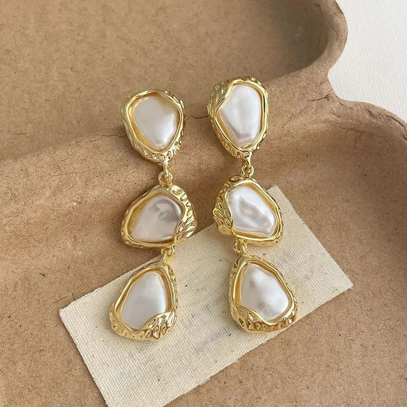 Gold Layered Pearlescent Triangular Design Earrings