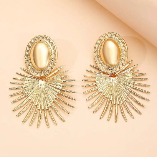 Gold Oval & Flared Sunburst Design Earrings