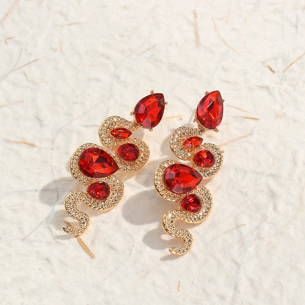 Vintage Red Snake Crystal Gold Earrings