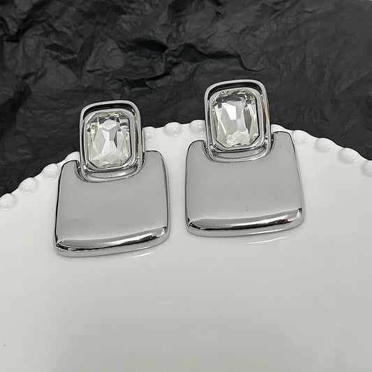 Silver Square Crystal Stud Earrings