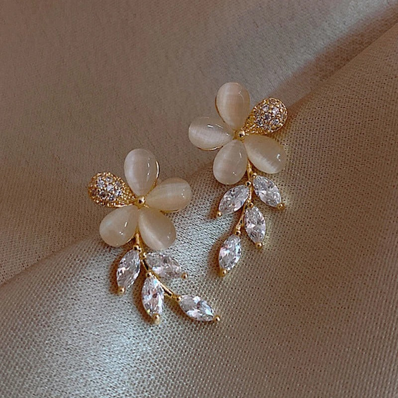 Vintage Opal Zircon Flower Leaves Stud Earrings