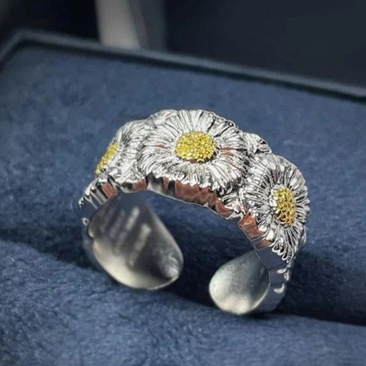 Classic Silver & Yellow Daisy Flower Adjustable Ring