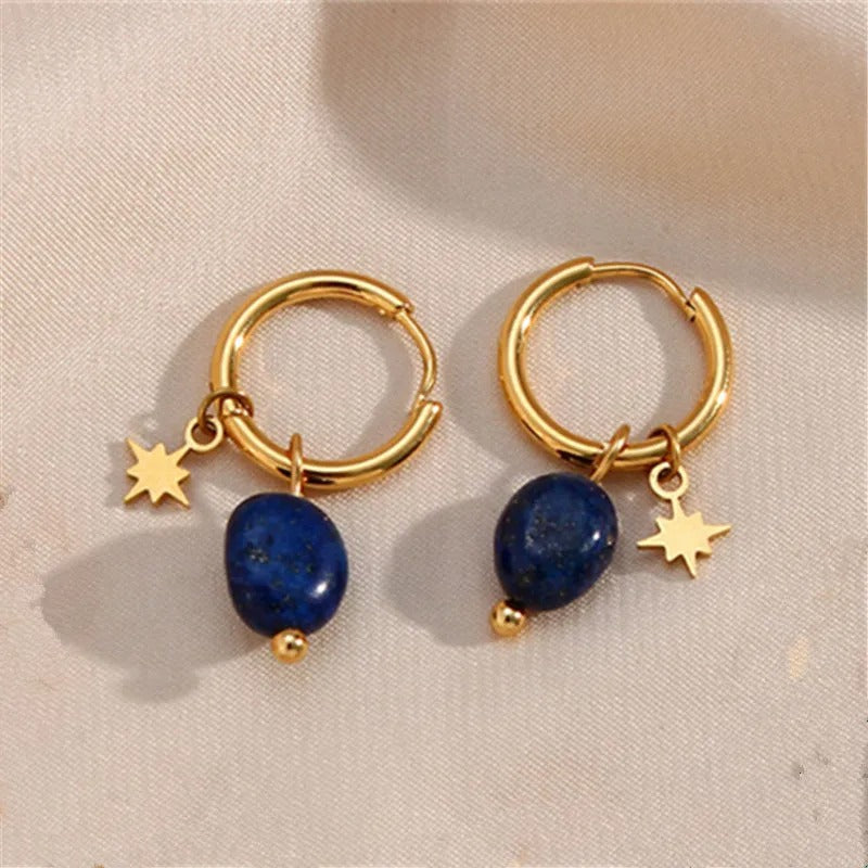 Vintage Gold Star & Blue Charm Hoop Earrings
