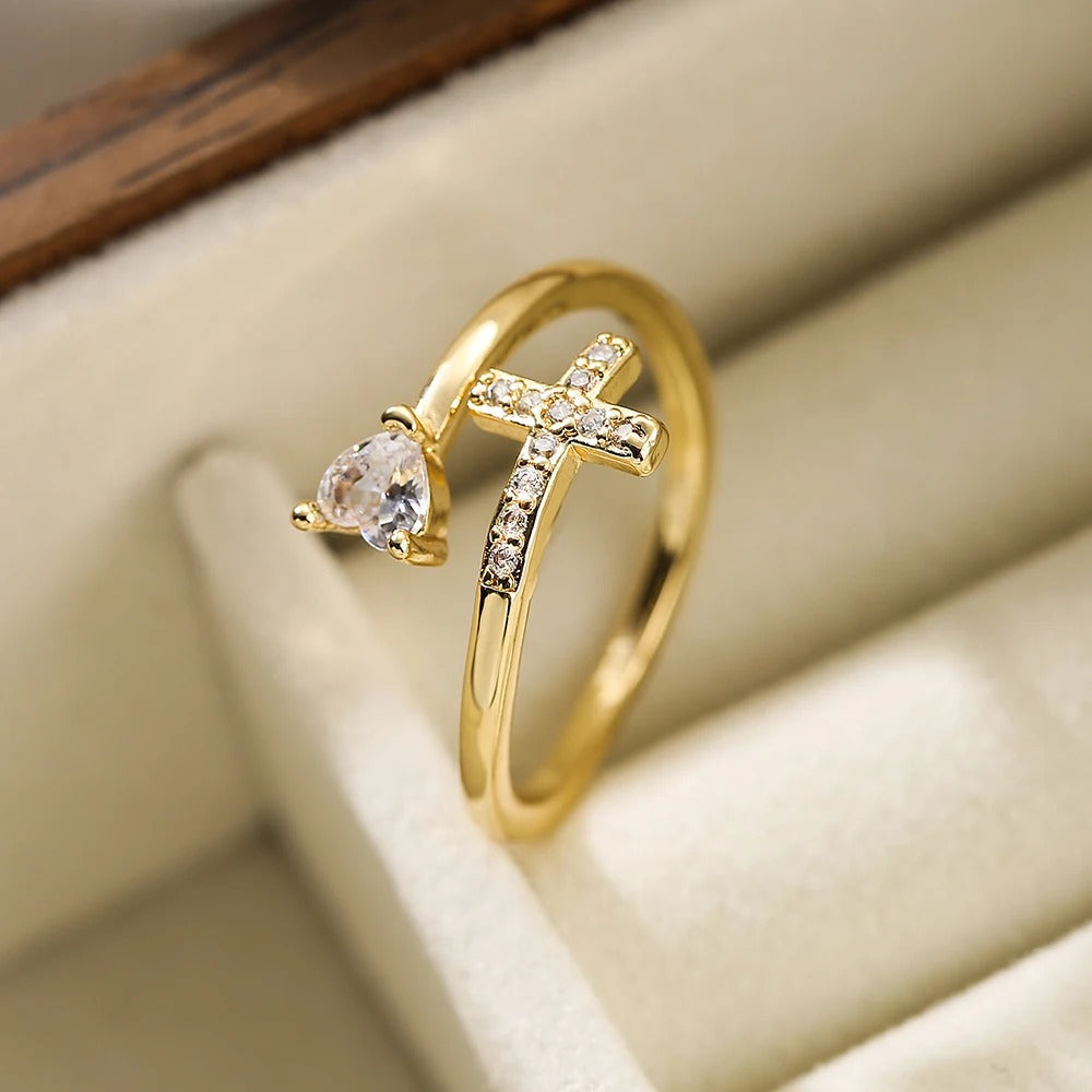 Gold Sparkling Heart Cross Resizable Ring